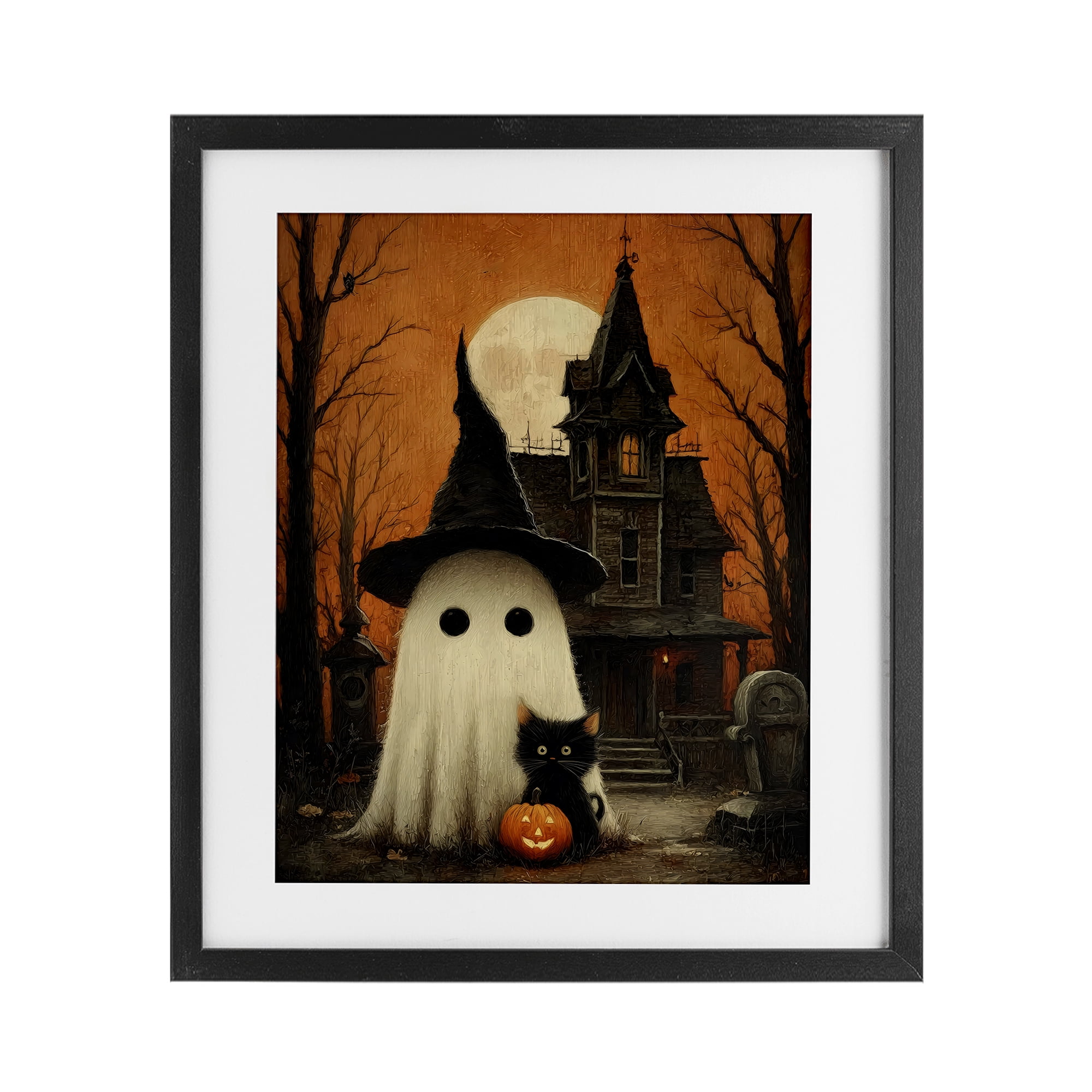 Cute Ghost & Haunted House Black Framed Print Under Glass, design by Arlington Prints