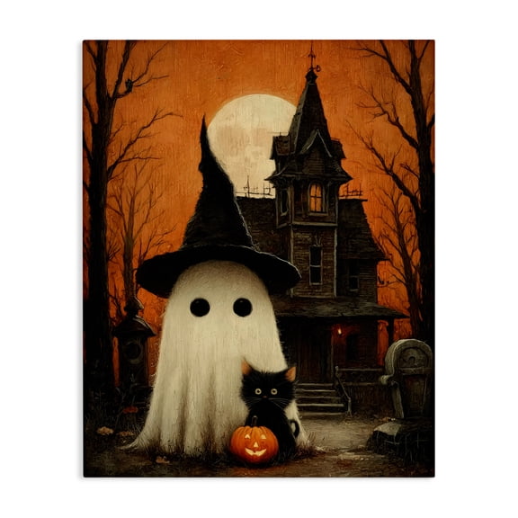 Cute Ghost & Haunted House Canvas Wall Art, design by Arlington Prints
