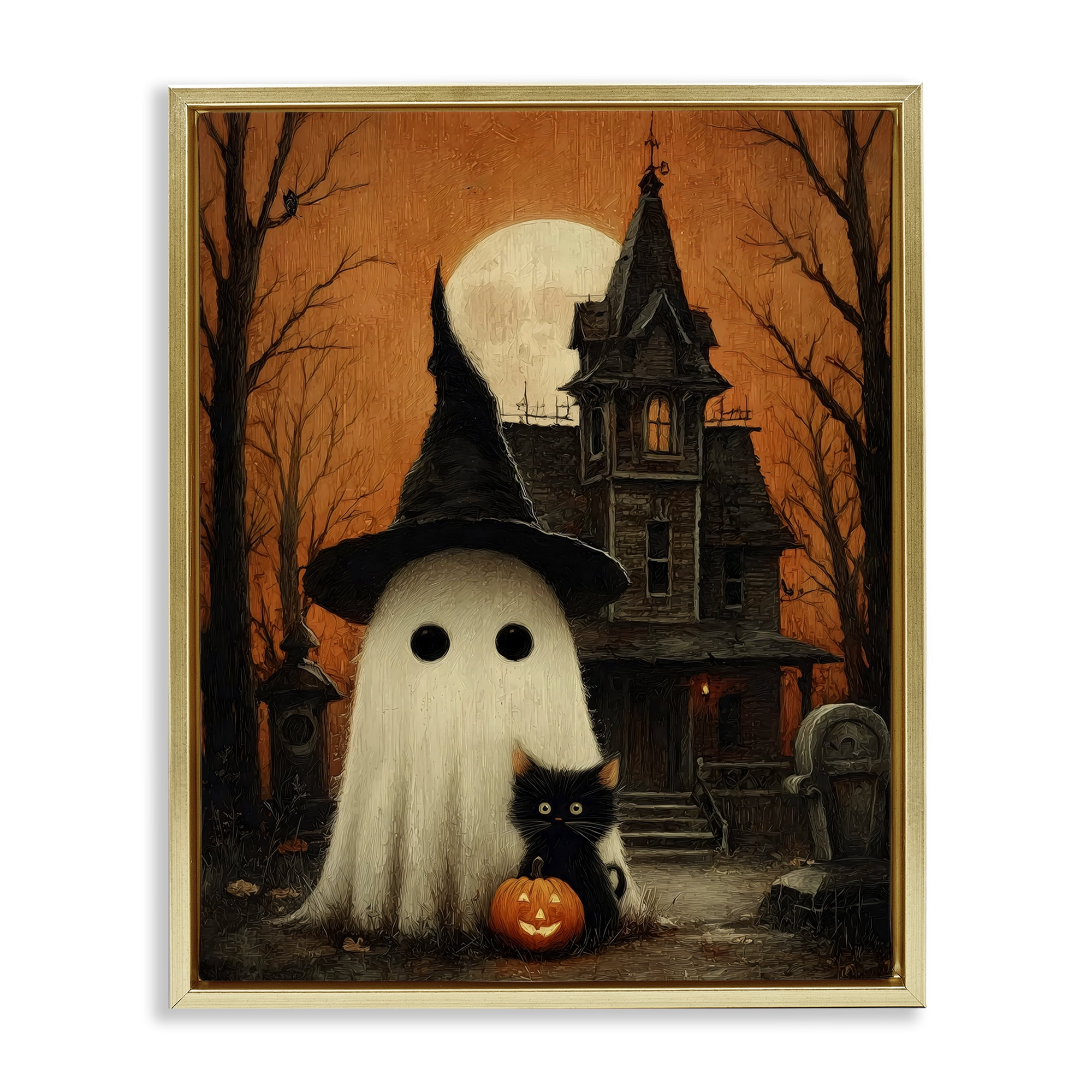 Cute Ghost & Haunted House Gold Framed Floater Canvas Wall Art, design by Arlington Prints