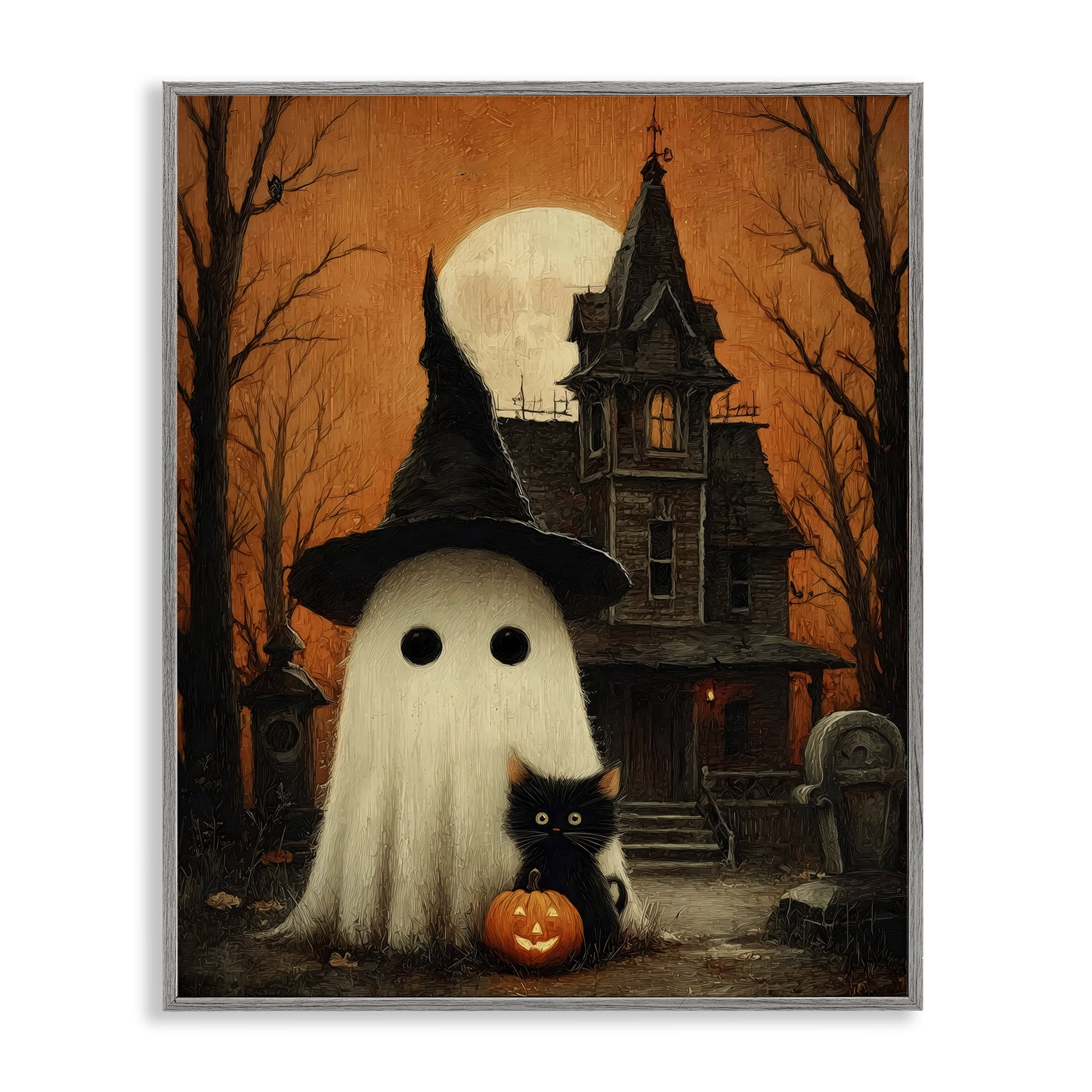 Cute Ghost & Haunted House Gray Framed Giclee Art, design by Arlington Prints