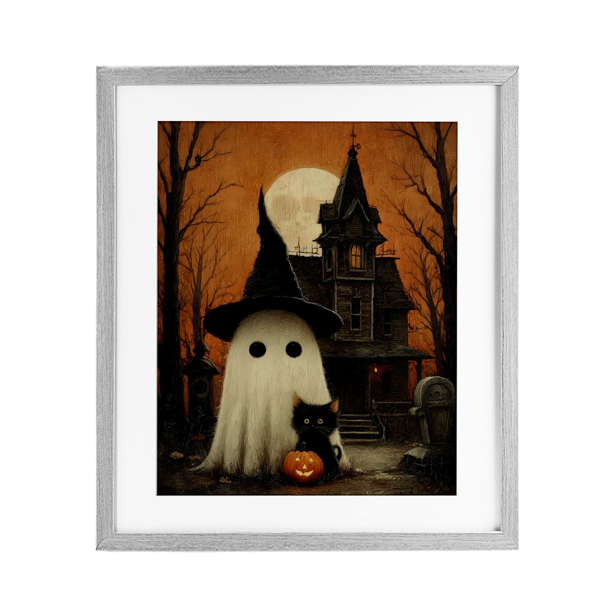 Cute Ghost & Haunted House Gray Framed Print Under Glass, design by Arlington Prints
