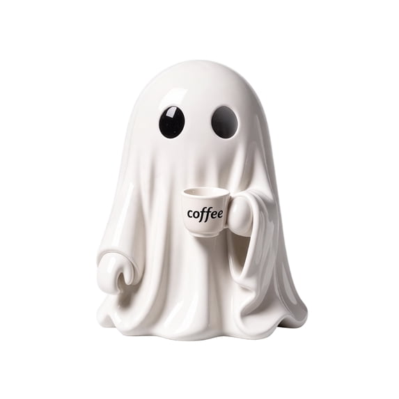 Cute Ghost Holding Coffee Cup Figurine with Glossy Ceramic Finish, Small White, for Halloween Desk Decorations, Halloween Ghost Decor