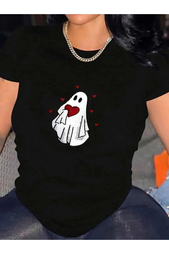 Cute Ghost Holding Heart Graphic Women Aesthetic Short Sleeve Casual T-Shirt