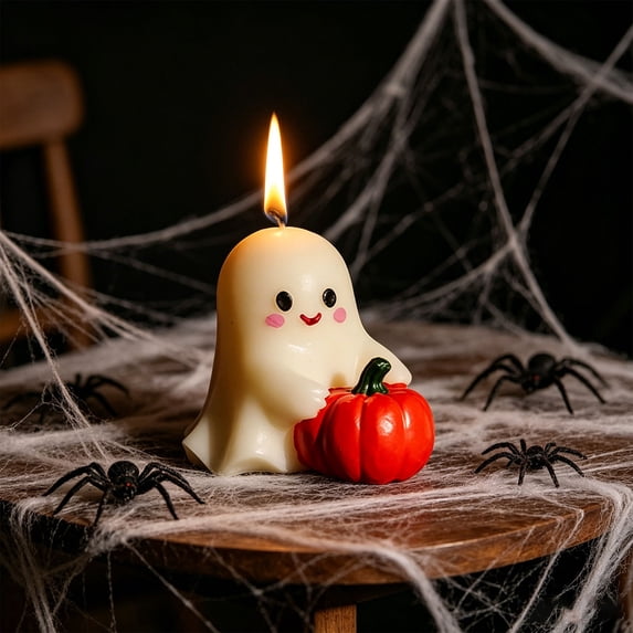Cute Ghost Holding Pumpkin Scented Candle, Halloween Decorative Ghost Shaped Wax Candle, Spooky Tabletop Fragrance Ornament for Fall Harvest Party Home Decor