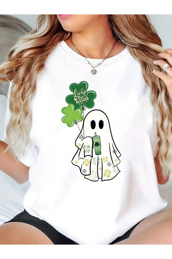 Cute Ghost Holding Shamrock Balloons for Women Short Sleeve Graphic T-Shirt
