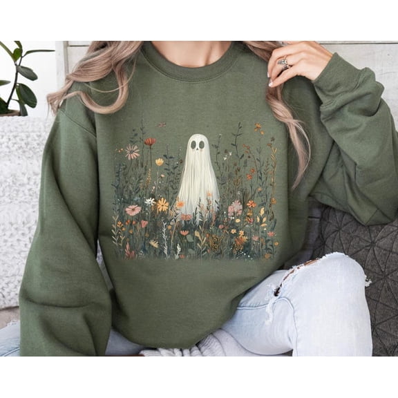 Cute Ghost In Wildflowers Sweatshirt, Spooky Fall Aesthetic Floral Shirt, Retro October Graphic Sweatshirt, Cozy Ghostcore , Sweatshirt Size S-5Xl