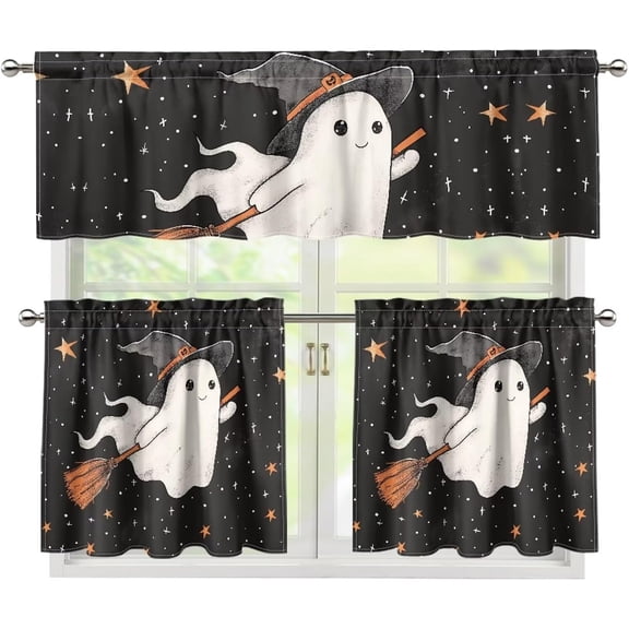 Cute Ghost Kitchen Curtain Valance and Tiers Set Easy to Install Star Dining Room Window Curtain Rod Pocket Valance and Tier Curtains for Bedroom Bathroom, Spooky Horror Decor