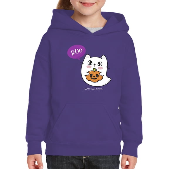 Cute Ghost Kitten W Pumpkin Hoodie Juniors -Image by Shutterstock, Medium