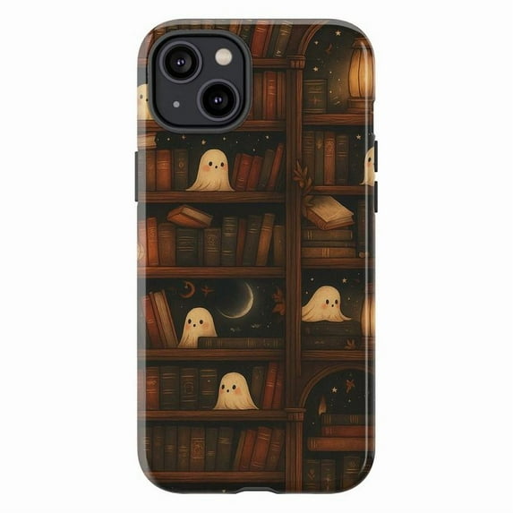Cute Ghost Library Bookshelf Phone Case, Dual Layer Protective Phone Cover, Halloween Spooky Aesthetic Gift for iPhone 16 15 14 13 12 11 Pro Plus Mini