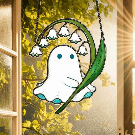 Cute Ghost & Lily of the Valley Acrylic Suncatcher, Halloween Ghost Window Hangings