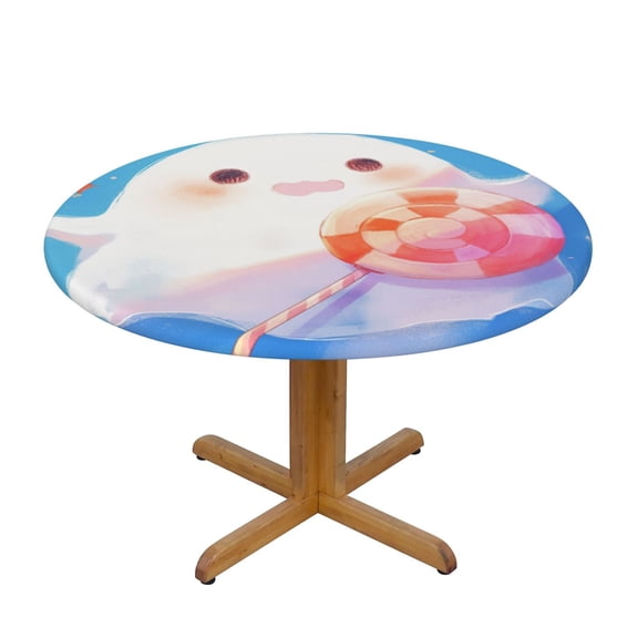Cute Ghost Lollipop Round Fitted Tablecloths Table Covers Wipeable Waterproof Elastic for Kitchen Dinning Parties Wedding Picnic Small Fits 40-44 Inch Table Size