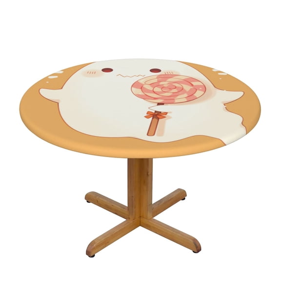 Cute Ghost Lollipop Round Fitted Tablecloths Table Covers Wipeable Waterproof Elastic for Kitchen Dinning Parties Wedding Picnic Small Fits 40-44 Inch Table Size