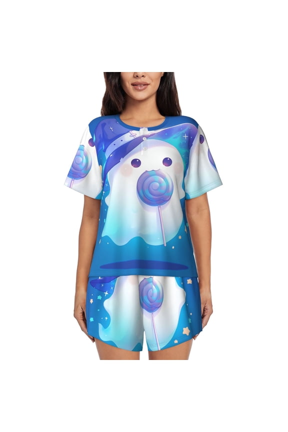Cute Ghost Lollipop Womens Pajamas Short Set Soft Short Sleeve Sleepwear Button Down Pjs Set with Pockets S XXL Xx Large