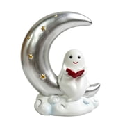 Cute Ghost on Moon Halloween Decor, Kawaii Resin Figurine for Home Shelf Desk, Whimsical Spooky Cute Ornament for Kids Party Favor Gift, Durable Grey White Statue