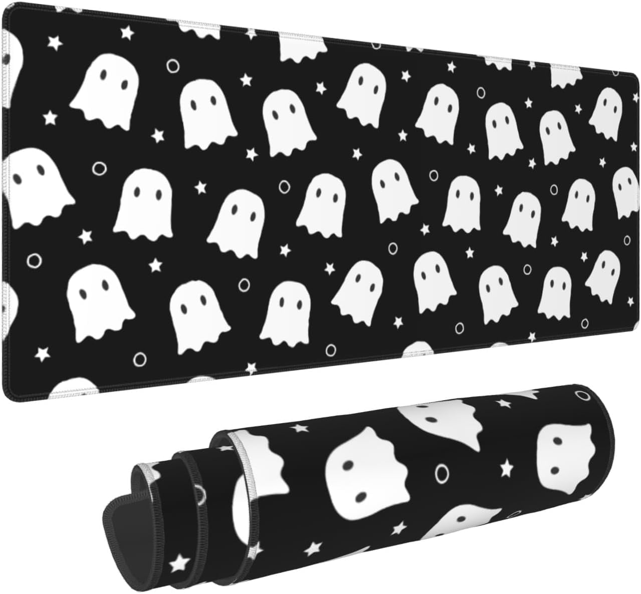 Cute Ghost Mouse Pad XL 31.5 X 11.8 Inch Halloween Kawaii Spooky Funny Design Black White Gaming Mousepad Extended Large Laptop Keyboard Desk Mat Non-Slip Rubber Base Stitched Edges for Home Office