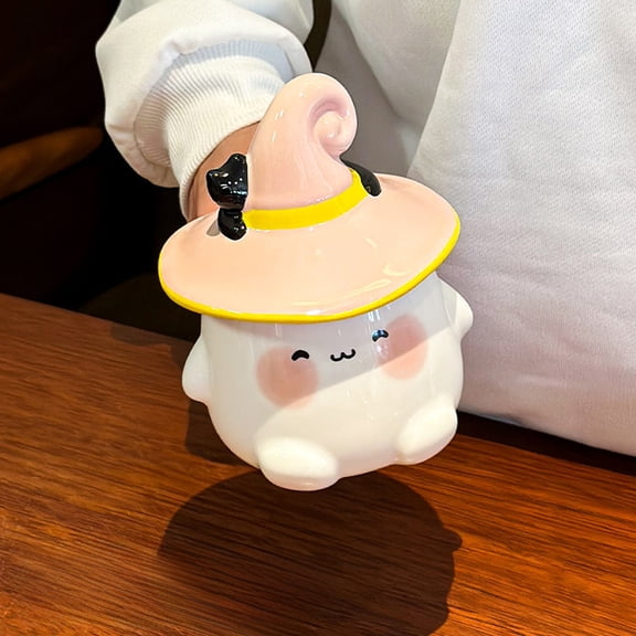 Cute Ghost Mug 15oz Ceramic Coffee Cup with Handle, Halloween Ghost Themed Gift for Birthday Christmas Party Decor, Black Pink Purple Orange