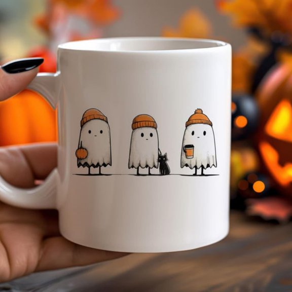Cute Ghost Mug, Halloween Coffee Cup with Cozy Ghosties in Ha, Funnpookean Gift, Ceramic White Mug, oz & oz Sizes.jpg