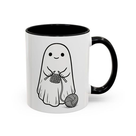 Cute Ghost Mug with Knitting Yarn Design, Funny Halloween CoffeeTea Cup for Knitters, Cozy Craft Lover Gift, SpookeaS1on Fall Yarn Mug