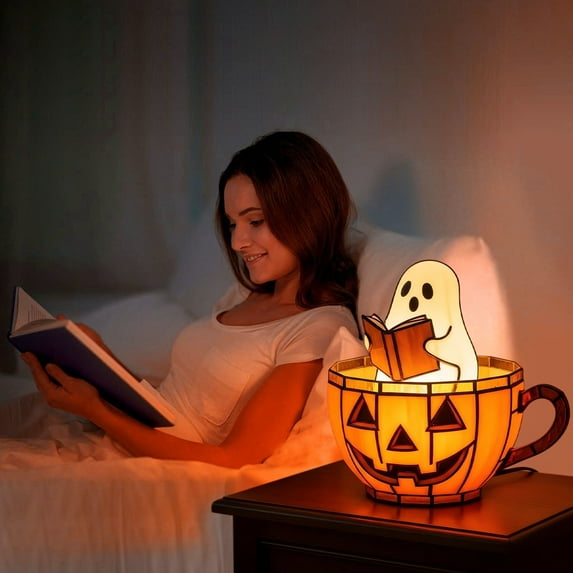 Cute Ghost Night Light 3.9 inch Halloween Ghost Reading Lamp Halloween-Themed Book LED Lamp Battery-Operated Neon Sign for Spooky Decor & Nighttime Ambiance