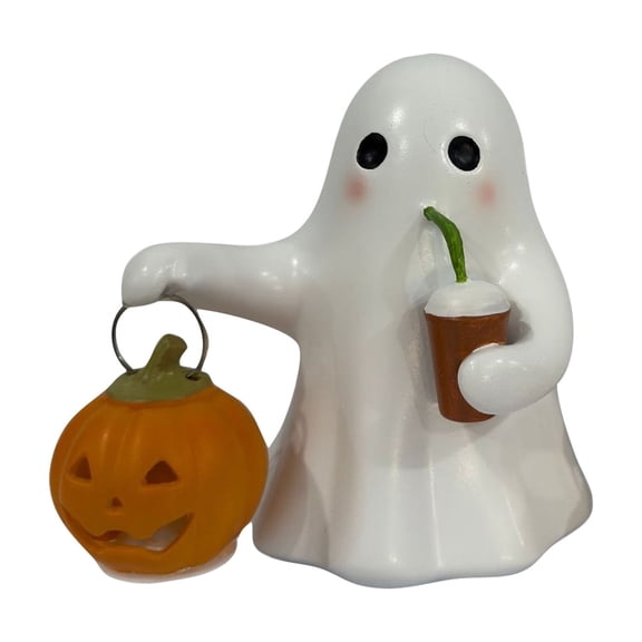 Cute Ghost Nightlight Resin Halloween Decor Indoor Figurine Holding Glowing Pumpkin Light Creative Crafts Spooky Halloween Decorations Desktop Ornament