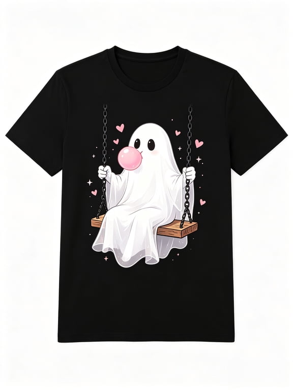 Cute Ghost On Swing T-Shirt, Bubble Gum Pink Hearts Graphic Tee