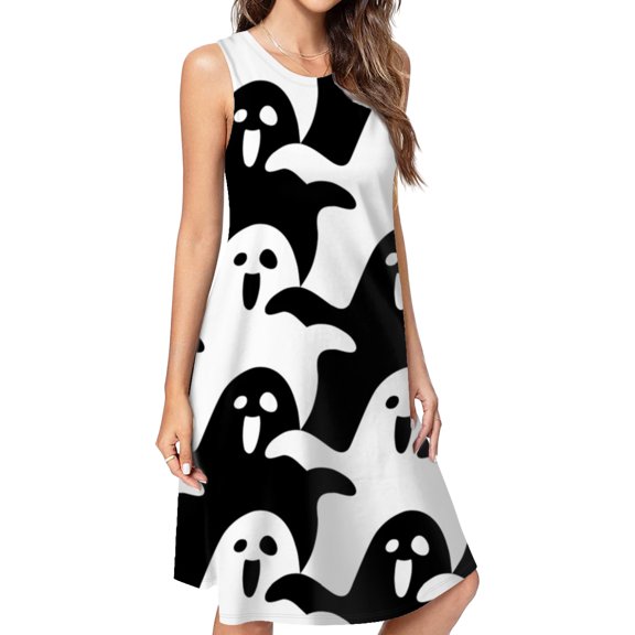 Cute Ghost Pattern Black And White Casual Sleeveless Loose Sundress Dress For Women Summer Dress Daily Woman