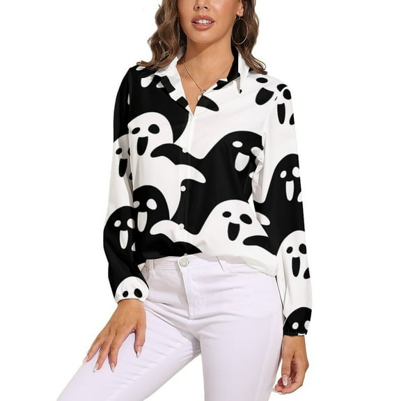 Cute Ghost Pattern Black And White Long Sleeve Blouse Woman Streetwear Casual Shirts Summer Oversize Woman Streetwear Clothing Birthday Present