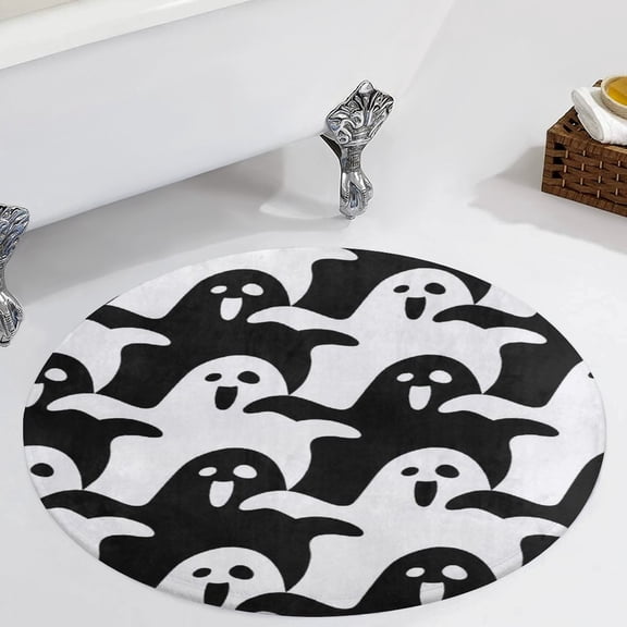 Cute Ghost Pattern Black And White Round Carpet Circle Rug Outdoor Patio Area Rug Washable Large Area Rugs Hallway Room Decor Fitness Mats