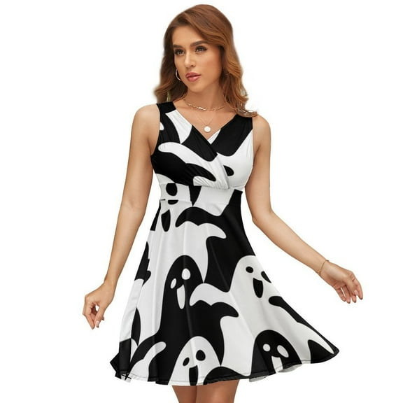 Cute Ghost Pattern Black And White Sleeveless Dress Women Summer Evening Dresses Ladies Sundress