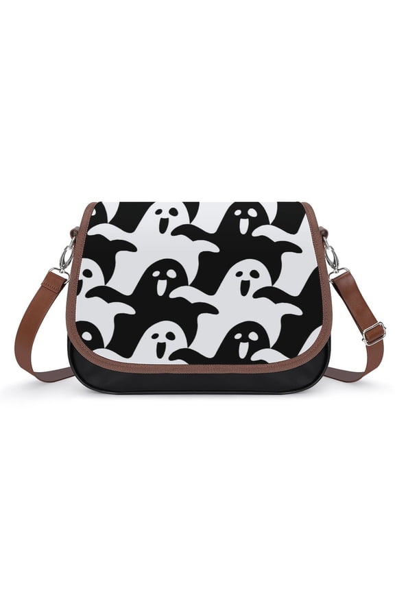 Cute Ghost Pattern Black And White Vintage Crossbody Bag for Women Medium Leather Hobo Bags Shoulder Bag Classic City Leather Satchels