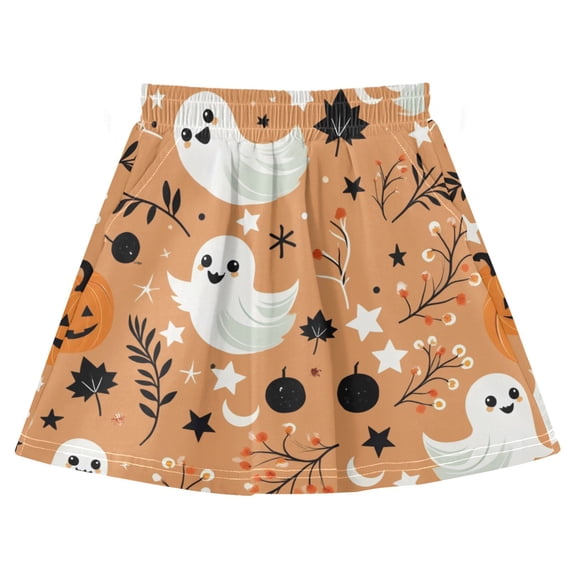 Cute Ghost Pattern Cotton Skirt Built-in Liner Elastic A-Line Flared Skirt with Pockets