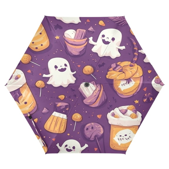 Cute Ghost Patterns Folding Umbrella UV50+ Waterproof Sun Protection Auto Open Close Compact Fiberglass Frame
