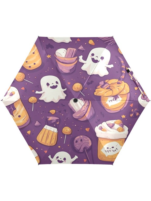 Cute Ghost Patterns Umbrellas for Sun Auto Open Close UV50+ Waterproof 5-Fold Compact Fiberglass Frame