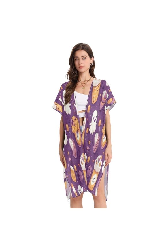 Cute Ghost Patterns Women's Swimwear Cover Up Summer Cardigan Beach Pool Cover Up Loose for Swimsuits Casual Wear
