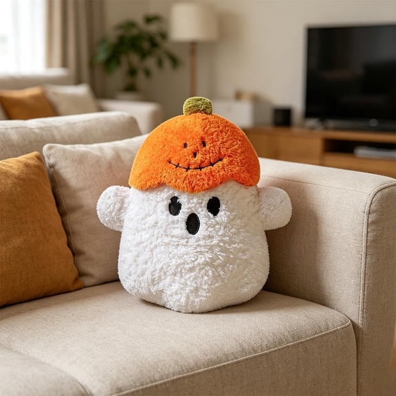 Cute Ghost Pillow with Pumpkin Hat – White Sherpa Ghost Plush Throw Pillow, Soft Halloween Decorative Cushion (S)