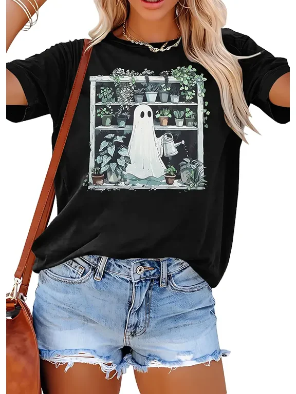 Cute Ghost Plant Shelf Graphic Print Casual Summer Halloween Unisex Cotton Men's Women's Tee Shirt