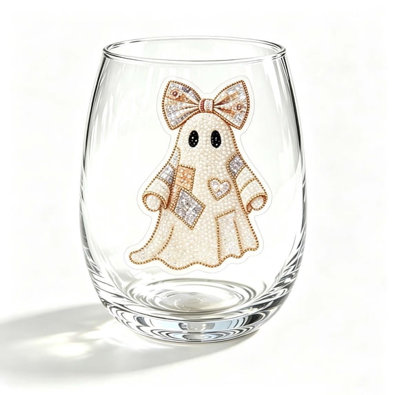 Cute Ghost Pumpkin 2D Decal Stemless Wine Glass, Fall Halloween Rhinestone Pattern Clear Tumbler Cup, Multi-purpose Transparent Glass Drinkware, 14.2 Oz 1 Pack