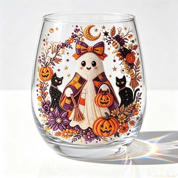 Cute Ghost Pumpkin 2D Decal Stemless Wine Glass, Fall Halloween Rhinestone Pattern Clear Tumbler Cup, Multi-purpose Transparent Glass Drinkware, 14.2 Oz 1 Pack