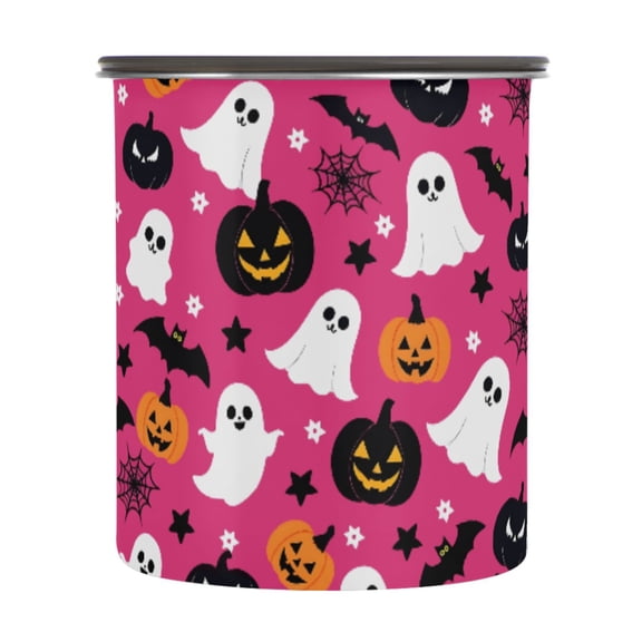 Cute Ghost Pumpkin Bat Halloween Airtight Coffee Bean Canister 30oz Food Storage Containers with Lids For Gournd, Tea, Sugar, Flour, Rice, Cereal, Candy Cookie Jar