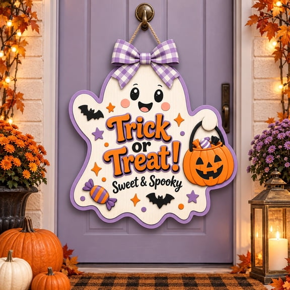 Cute Ghost Pumpkin Bucket Trick or Treat Wooden Sign Halloween Door Decor