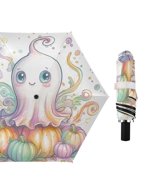 Cute Ghost Pumpkin Compact Sun Umbrella Windproof Travel Umbrellas for Rain Strong Portable UV Protection