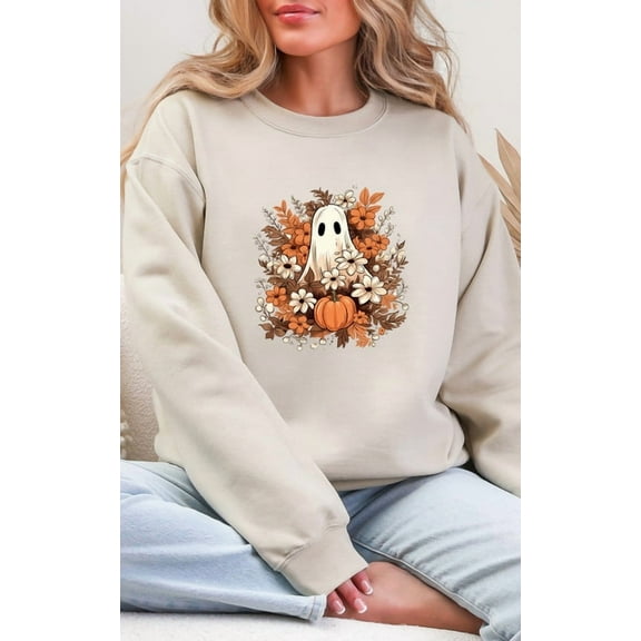 Cute Ghost Pumpkin Floral Unisex Crewneck Sweatshirt, Fall Graphic