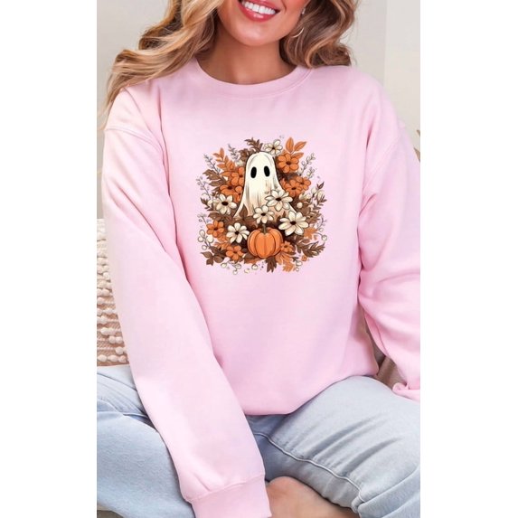 Cute Ghost Pumpkin Floral Unisex Crewneck Sweatshirt, Fall Graphic