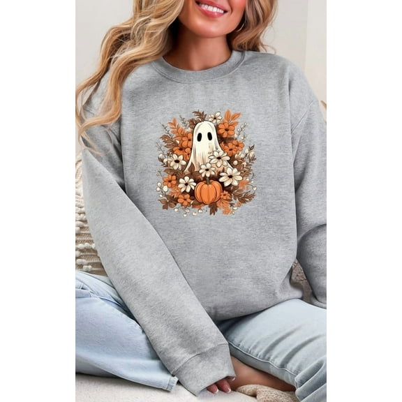 Cute Ghost Pumpkin Floral Unisex Crewneck Sweatshirt, Fall Graphic