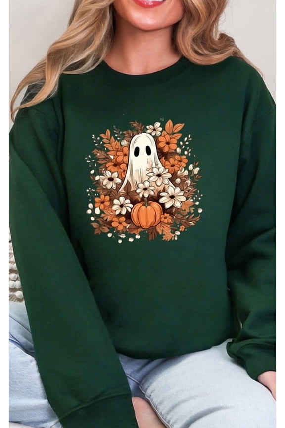 Cute Ghost Pumpkin Floral Unisex Crewneck Sweatshirt, Fall Graphic
