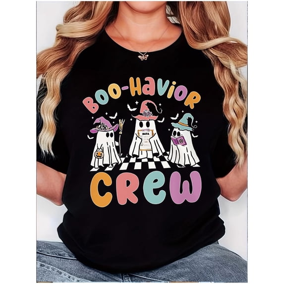 Cute Ghost Pumpkin Graphic Tee Womens Halloween Design Black Cat Party Comfort Cotton T-Shirt Black S-5XL