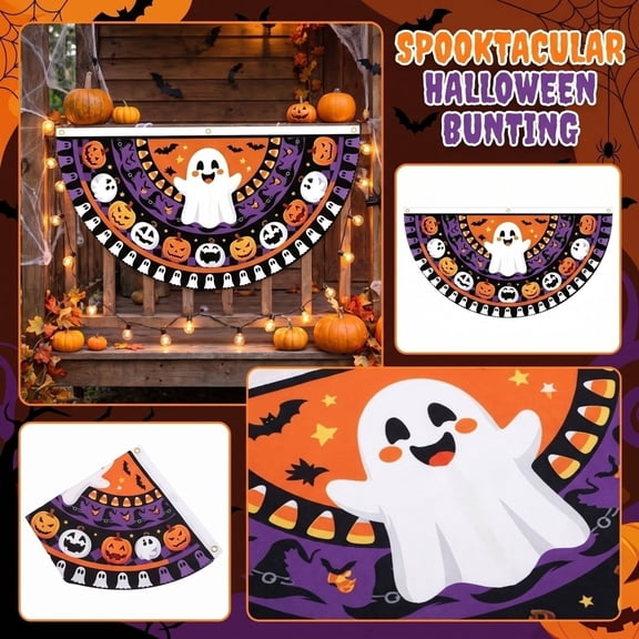 Cute Ghost Pumpkin Halloween Bunting Fan Flag,Halloween Porch Decor, Weatherproof Buntings for Outside,Candy Corn Bat Halloween Bunting Garland for Front Door Patio Yard Party Decoration