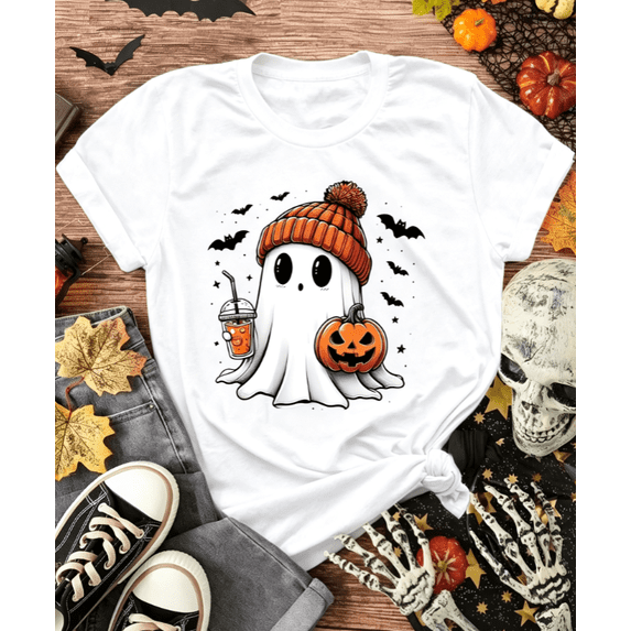 Cute Ghost Pumpkin Halloween T‑Shirt, Halloween Graphic Short Sleeve Crewneck Tee For Women,Casual Holiday Shirt