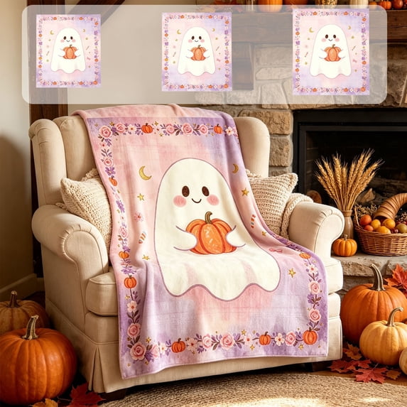 Cute Ghost Pumpkin Polyester Throw Blanket, Lightweight Soft Multi‑Purpose Cover, Festive Halloween Textile, Decor Accessory for Sofa Bed Living Room Holiday Home Styling