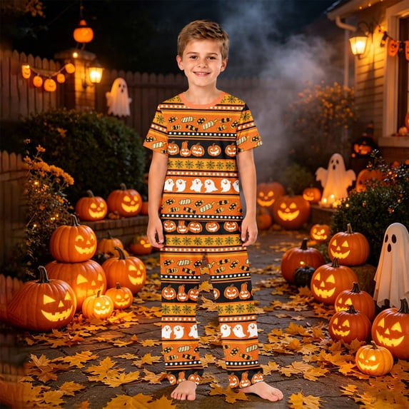 Cute Ghost and Pumpkin Print Matching Family Halloween Pajamas Comfortable Fall Harvest Sleepwear Sets Casual Long-Sleeve Tops and Pants for Men Women